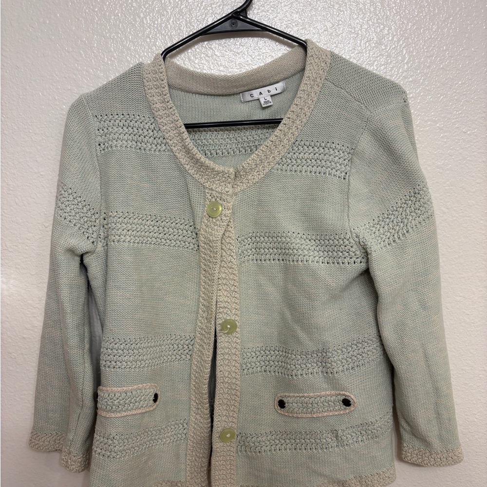 CAbi Light Green and Cream Cardigan Sweater